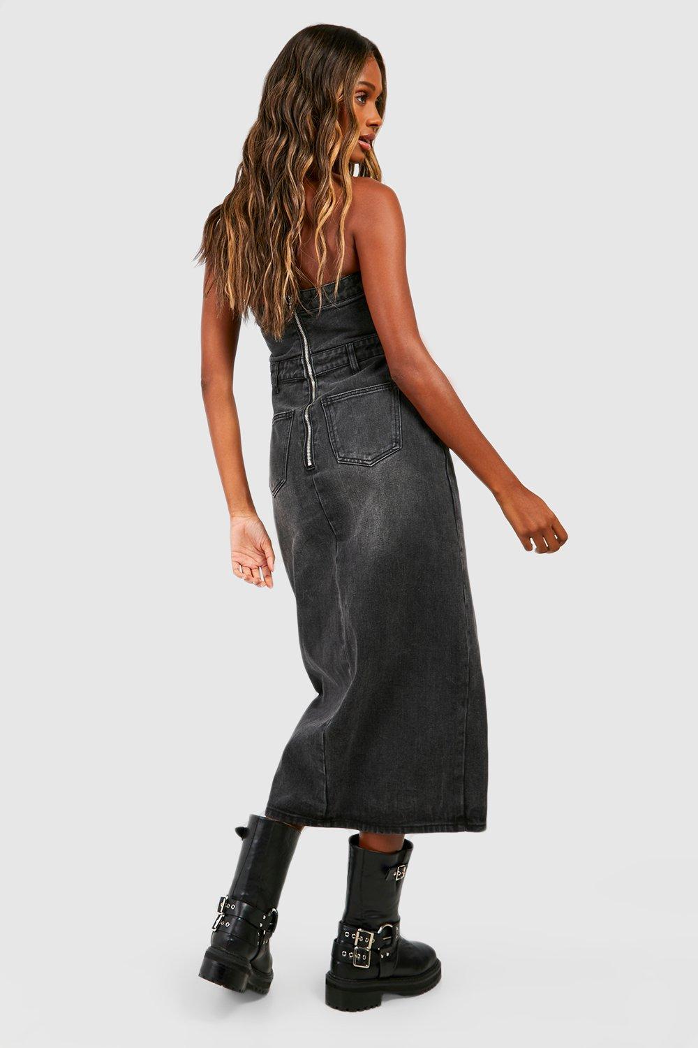 Denim Bandeau Split Front Midi Dress